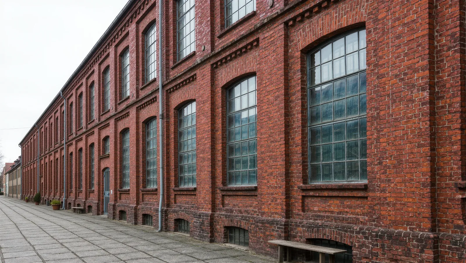 Symbolbild Backsteinhalle mit Stahlfenstern