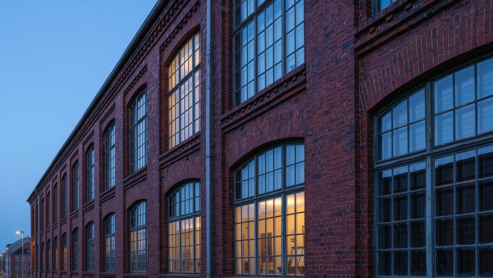 Symbolbild Backsteinhalle mit Stahlfenstern